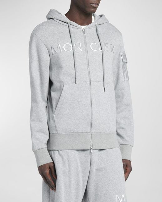 Moncler Gray Cotton Terry Embroidered Logo Zip Hoodie for men