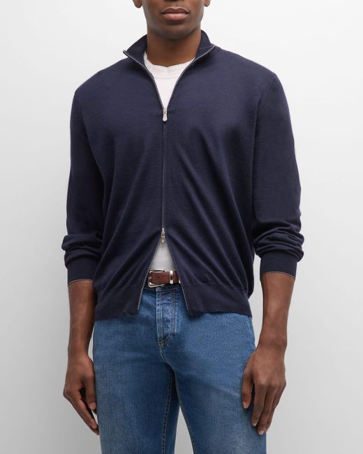 Brunello Cucinelli Blue Wool-Cashmere Full-Zip Sweater for men