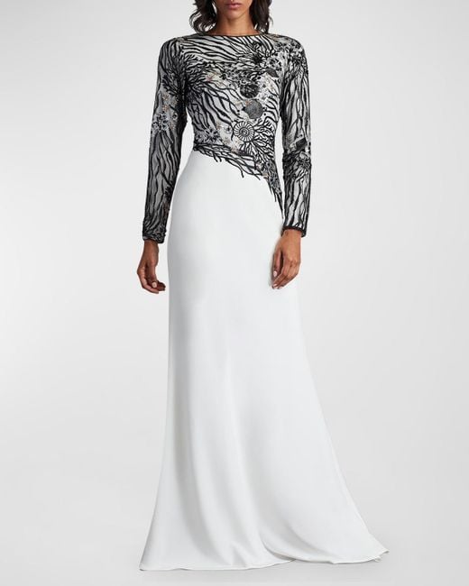 Tadashi Shoji White A-Line Sequin Lace & Crepe Gown
