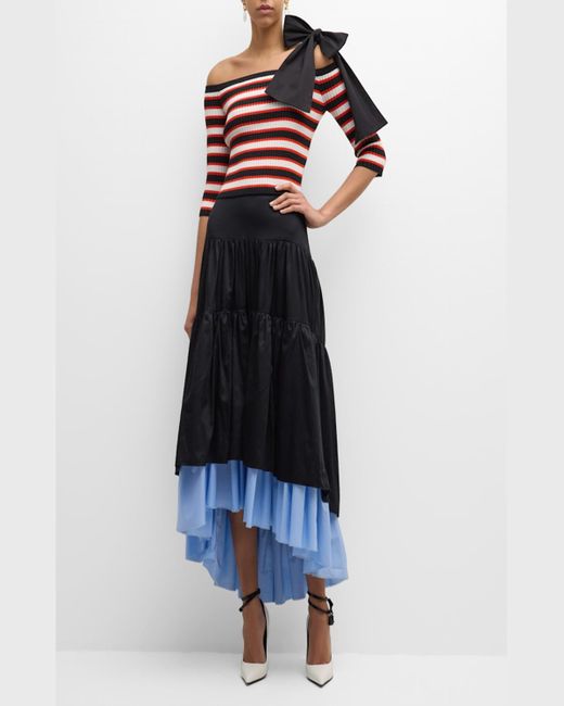 Hellessy Red Carlo Bow Off-The-Shoulder Striped Rib Crop Top