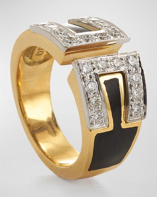 David Webb Metallic Brilliant-cut Diamond And Black Enamel Ring In Platinum And Gold, Size 6.5