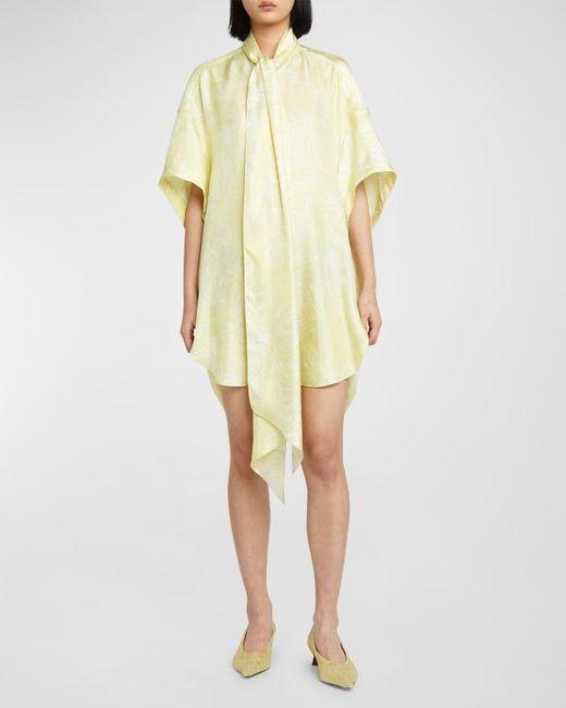 Stella McCartney Yellow Feather Print Scarf-Neck Short Silk Tunic Dress