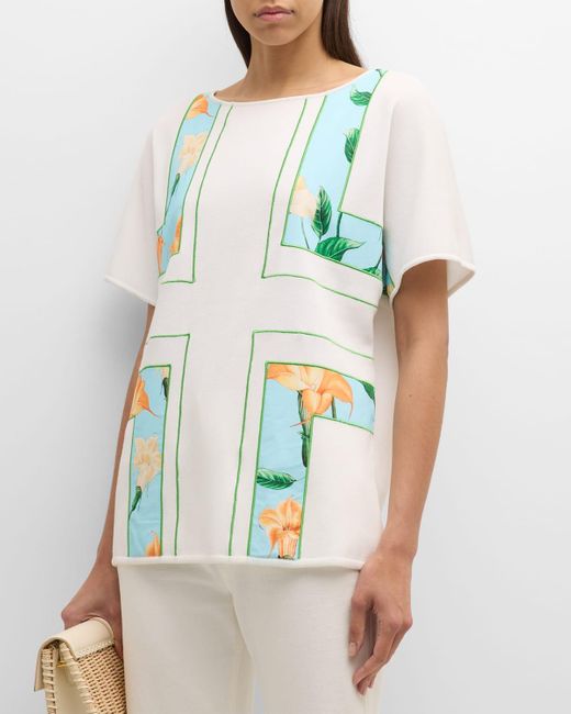 Misook Multicolor Dolman-sleeve Floral-print Boat-neck Tunic