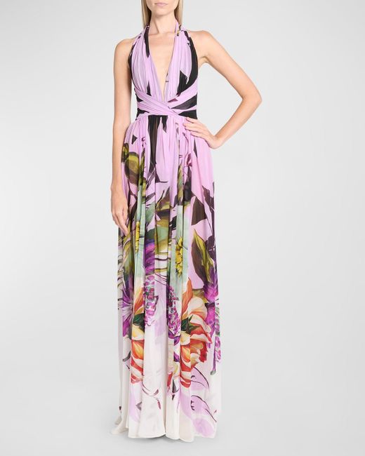 Elie Saab Multicolor Floral-Print Plunging Halter Silk Gown