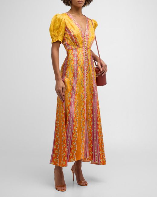 Saloni Orange Lea Printed Long Dress