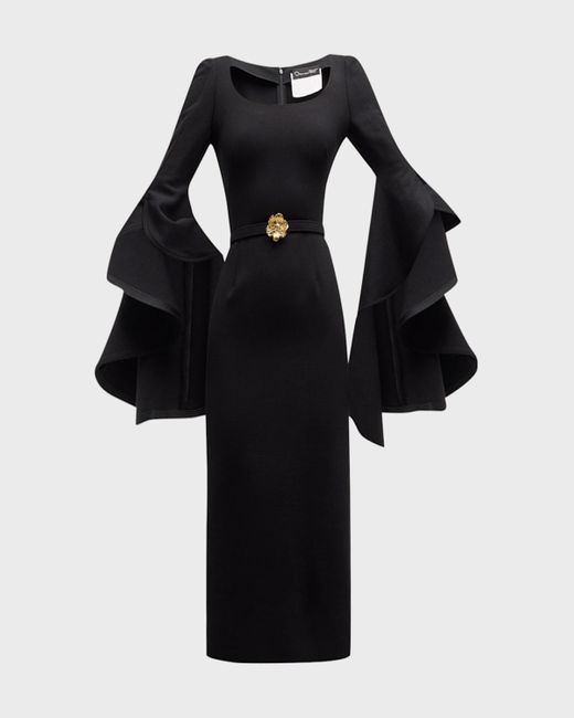 Oscar de la Renta Black Scoop-Neck Ruffle 3/4-Sleeve Belted Crepe Midi Dress