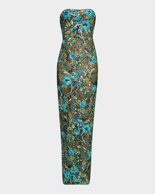 Bronx and Banco Green Dahlia Strapless Floral Sequin Column Gown