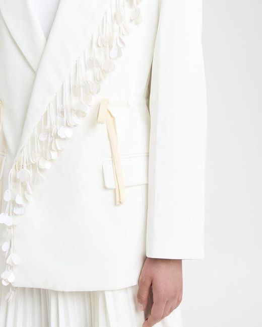 Plan C White Sequin-Fringe Drawstring Double-Breasted Blazer Jacket