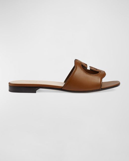 Gucci Brown Leather Logo Cutout Flat Sandals