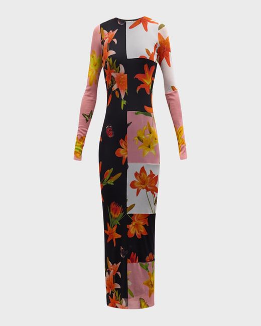 Fuzzi Multicolor Floral Patchwork-Print Tulle Maxi Dress