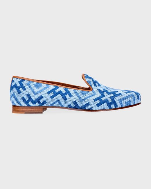 Stubbs And Wootton Blue Harlow Needlepoint Smoking Loafers