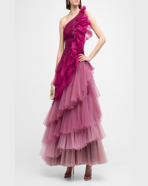 Badgley Mischka Purple One-Shoulder Ombre Tiered Tulle Gown