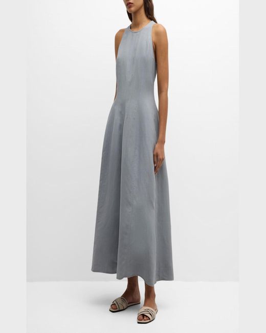 Brunello Cucinelli Gray Sleeveless Fluid Linen Structured Midi Dress