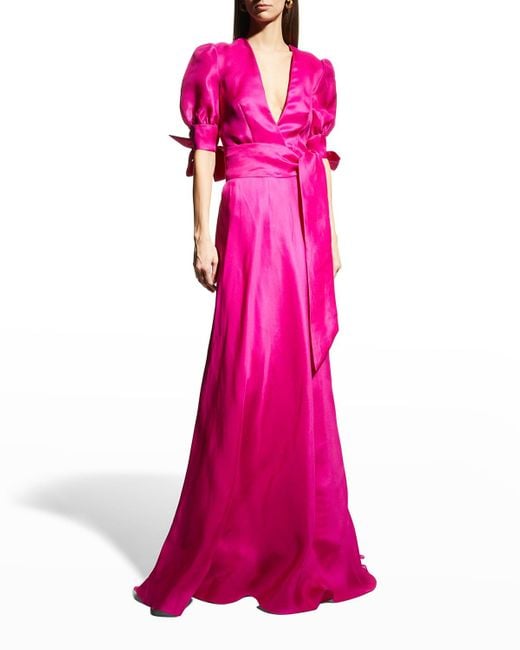 Naeem Khan Pink Puff-sleeve Bow Silk Gazar Gown