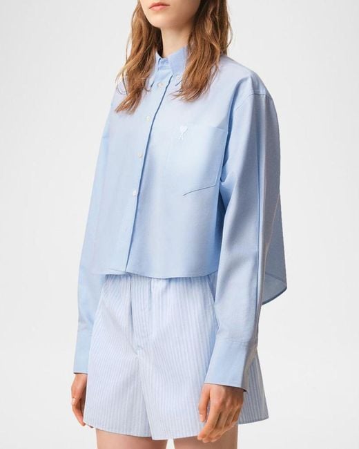 AMI Blue Oversized Cropped Button-Down Shirt