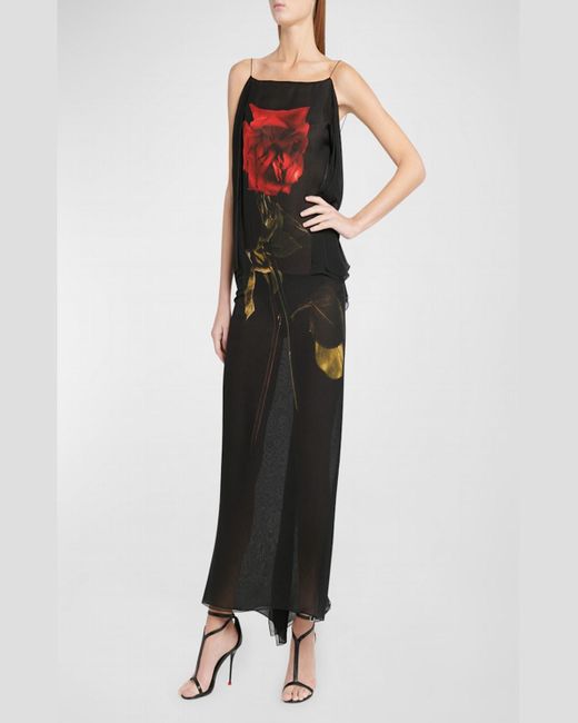 Alexander McQueen Black Chiffon Shadow Maxi Dress With Rose Print Detail