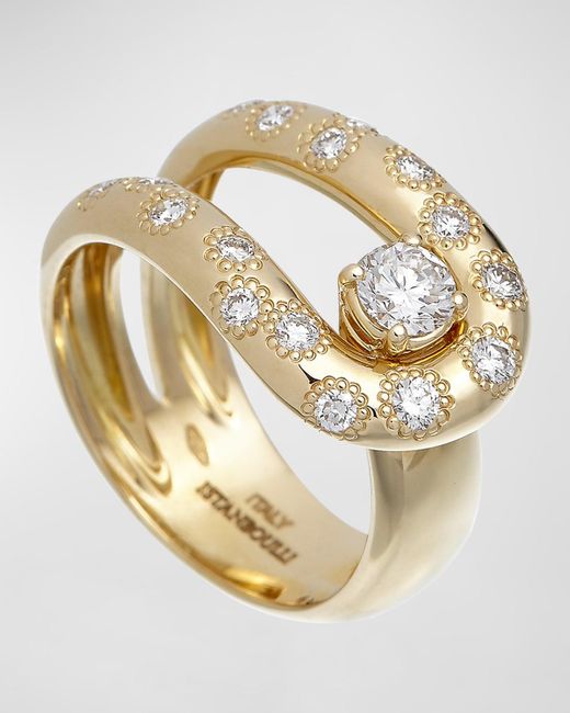 Krisonia Metallic 18k Yellow Gold Wide Ring With Diamonds, Size 7