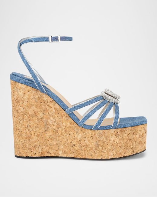 Mach & Mach Blue Double Heart Denim Wedge Sandals