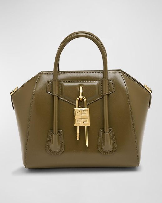 Mini Antigona Lock Top Handle Bag In Box Leather - Dark Khaki