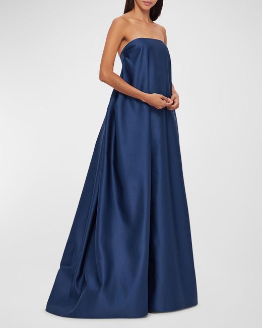 LEO LIN Blue Phoebe Pleated Strapless Trapeze Gown