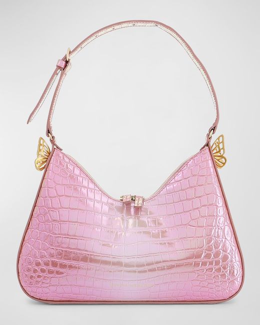Sophia Webster Pink Mariposa Metallic Croc-embossed Hobo Bag