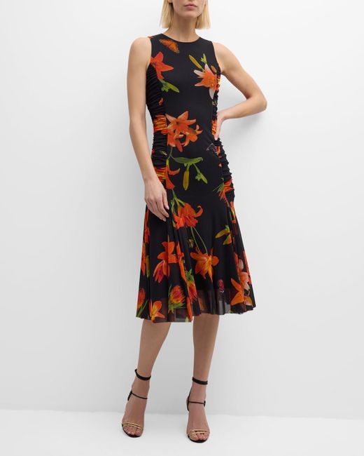 Fuzzi Red Sleeveless Ruched Floral-Print Tulle Midi Dress