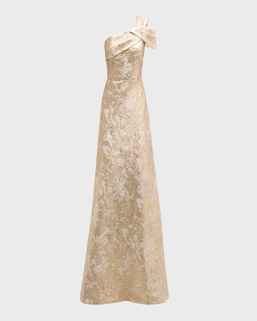 Teri Jon Natural One-Shoulder Metallic Jacquard A-Line Gown