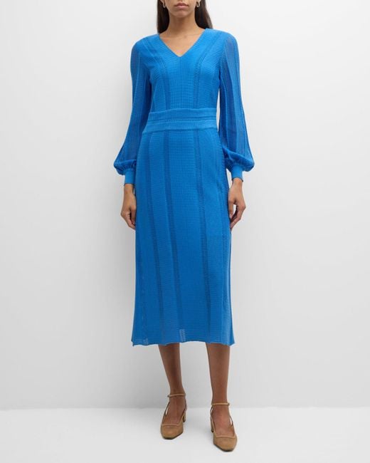 Misook Blue Multi-Stitch Knit Fit-And-Flare Midi Dress