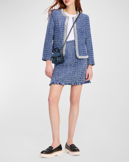 Kate Spade Blue Gabrielle Pearly Bead-trim Tweed Jacket