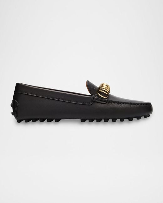 Tod's Black Gommino Cavillon Leather Rings Driver Loafers