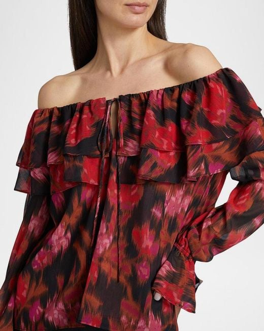 MISA Los Angles Red Patsy Floral Chiffon Off-Shoulder Top