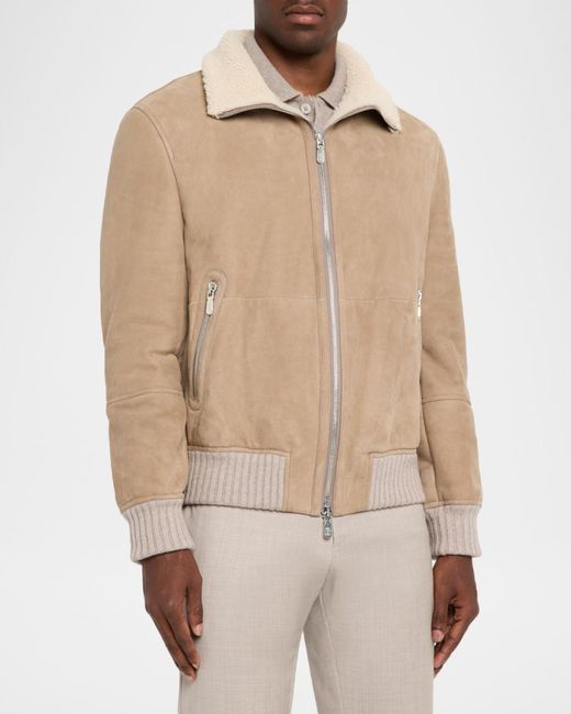 Brunello Cucinelli Natural Apos;S Shearling-Lined Suede Full-Zip Flight Jacket for men