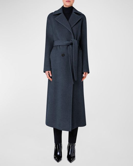 Akris Punto Blue Long Double-Breast Belted Wool-Cashmere Coat