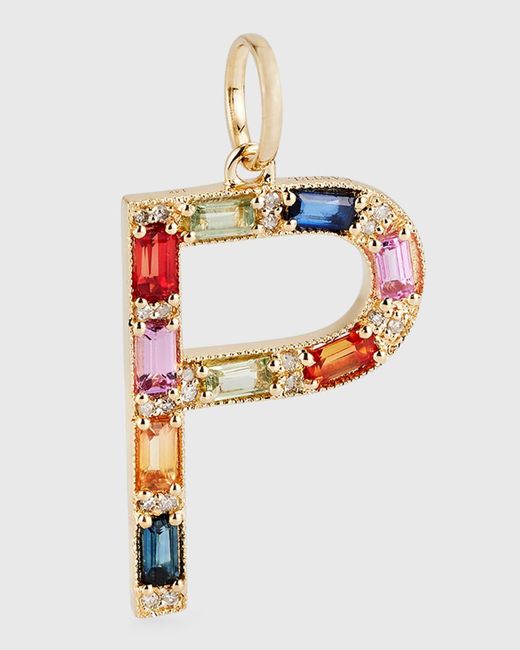 Kastel Jewelry White 14k Yellow Gold Initial P Multi-color Sapphire And Diamond Pendant