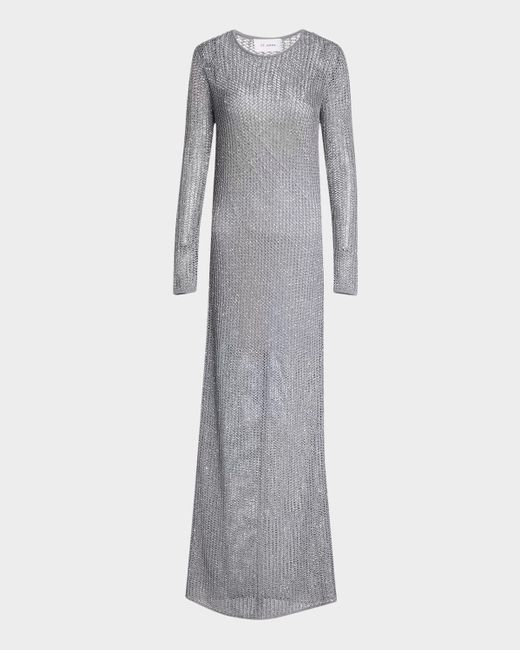St. John Gray Sequin Mesh Knit Long-Sleeve Gown With Slip