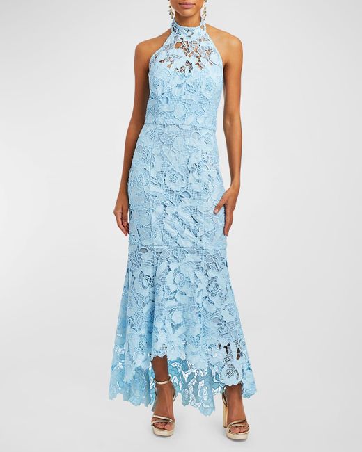 mestiza Blue Francesca High-Low Floral Lace Halter Gown