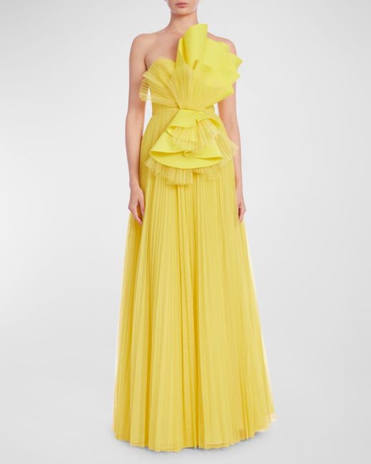 Badgley Mischka Yellow Strapless Pleated Ruffle A-Line Gown