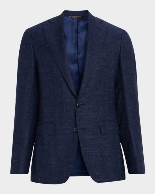 Canali Blue Textured Wool-Blend Notch Lapel Blazer for men