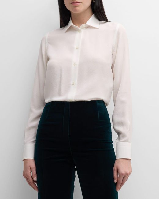 Loro Piana White Cam Kara Micro Jacquard Silk Button-front Shirt