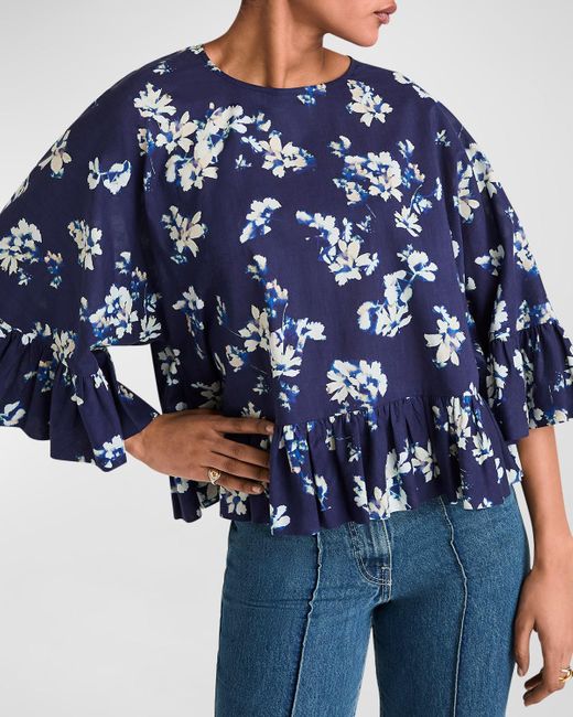 Merlette Blue Astral Floral-print Ruffle Top