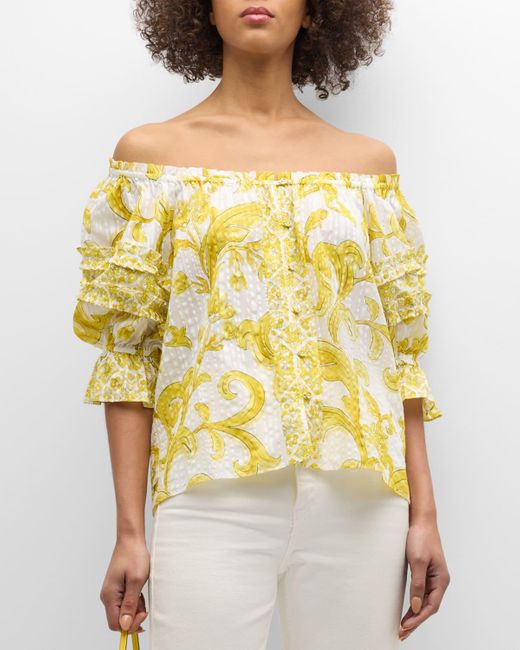 Ramy Brook Yellow Lula Off-Shoulder Button-Front Blouse