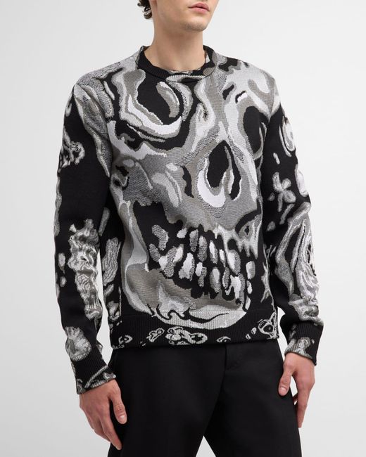 Alexander McQueen Gray Wax Floral Skull Jacquard Sweater for men