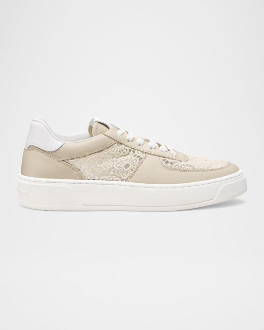 Stuart Weitzman White Courtside Leather Lace Low-Top Sneakers