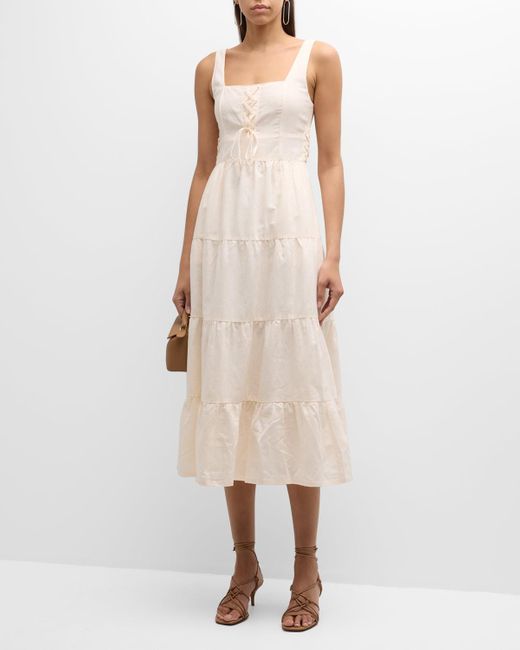 PAIGE Natural Ophella Lace-Up Tiered Midi Dress