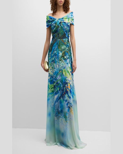 Teri Jon Blue Off-Shoulder Floral-Print Chiffon Gown
