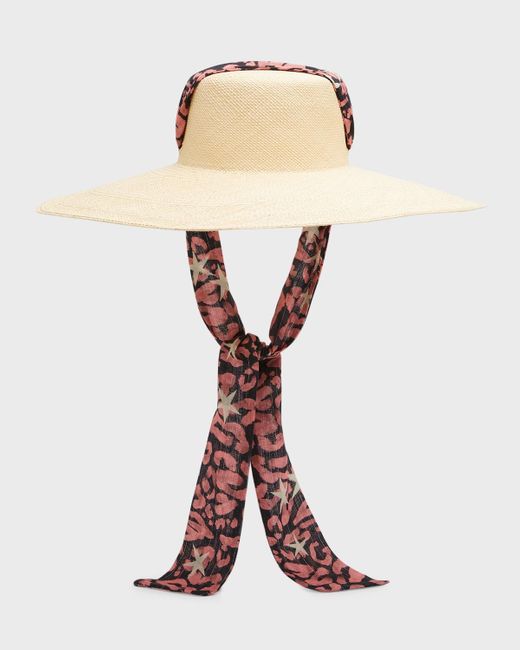 Sensi Studio White Cordovan Extra-long Brim Hat With Leopard-print Ribbon