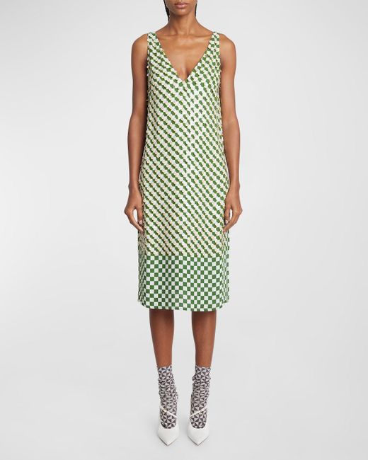 Dries Van Noten Green Debbie Plunging Sequin Checker-print Sleeveless Midi Dress