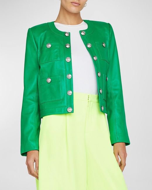 L'Agence Green Jayde Collarless Leather Jacket