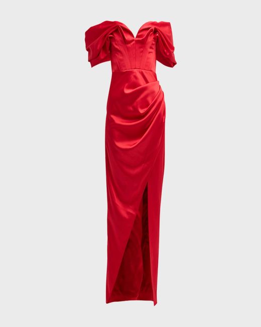 GIGII'S Red Laura Off-Shoulder Draped Column Gown