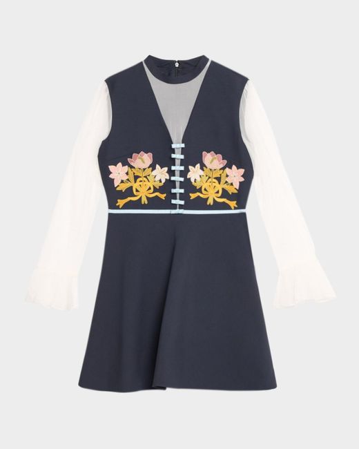 Valentino Garavani Blue Embroidered Crepe Couture Mini Dress